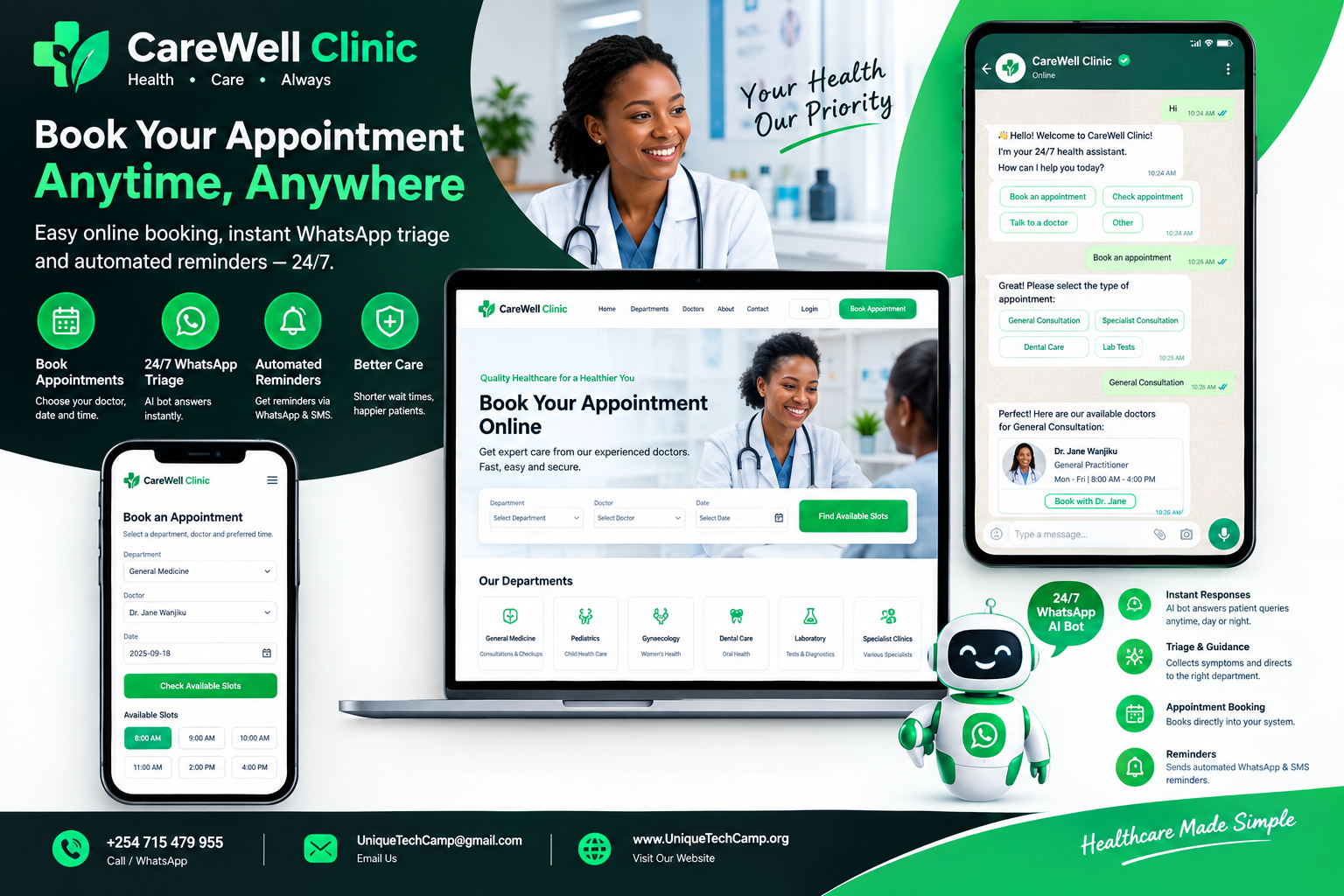 24/7 Clinic & Hospital Appointment Booking System with Automated WhatsApp AI Bot